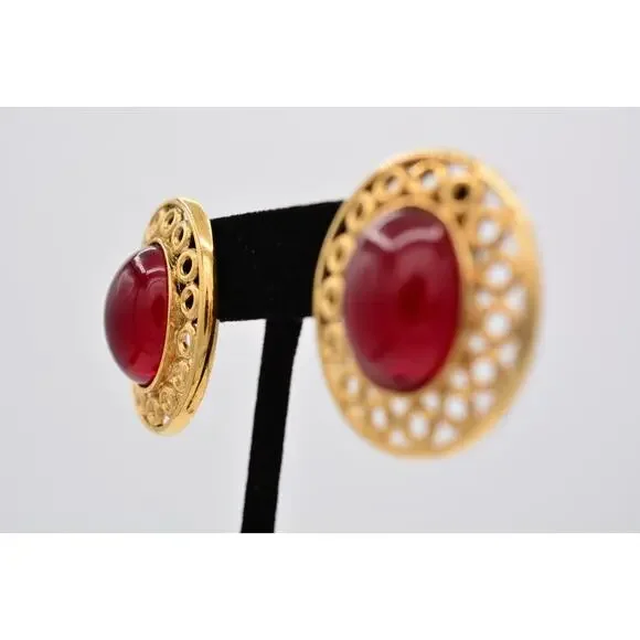 Givenchy Vintage Cabochon Earrings Red Oval Gold Chunky Signed Retro 1980s BinAZ - Picture 4 of 12